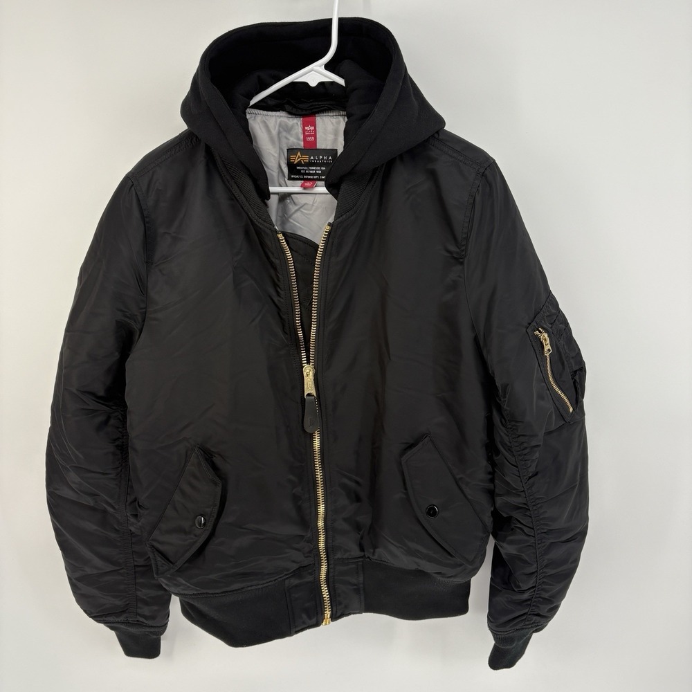 Alpha Industries MA-1 Hooded Bomber Jacket Mens Small Black Flight Military Zip